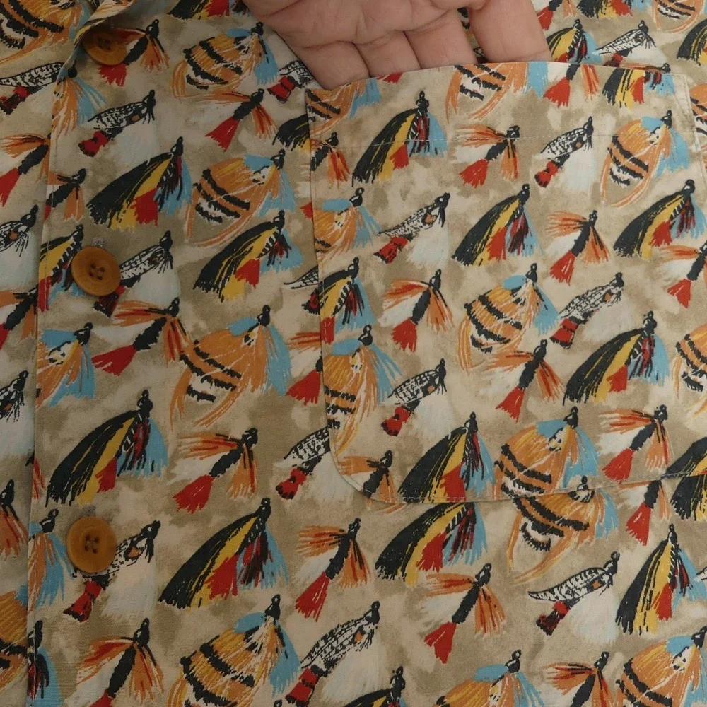 Orvis Fly Fishing All Over Print AOP Short‎ Sleeve Button Up Shirt Men's Large
